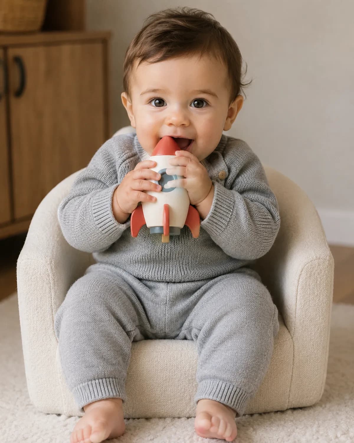 Baby holding a toy rocket collectible — future SpaceX shareholder